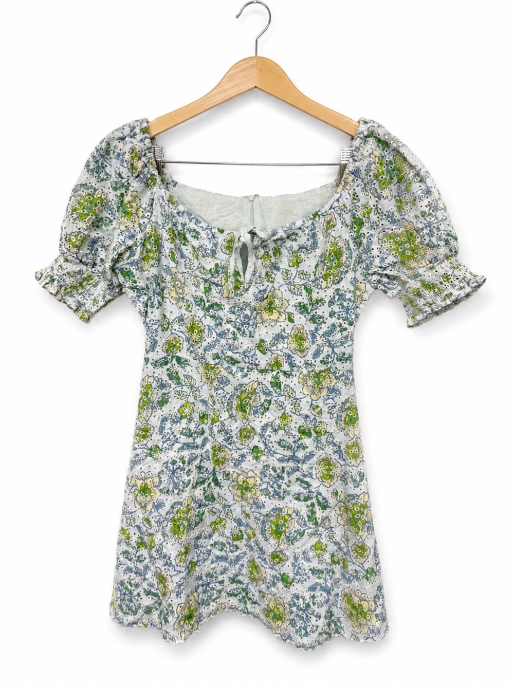 7 For All Mankind Floral Eyelet Puff Sleeve Cotton Mini Dress L Blue Green
